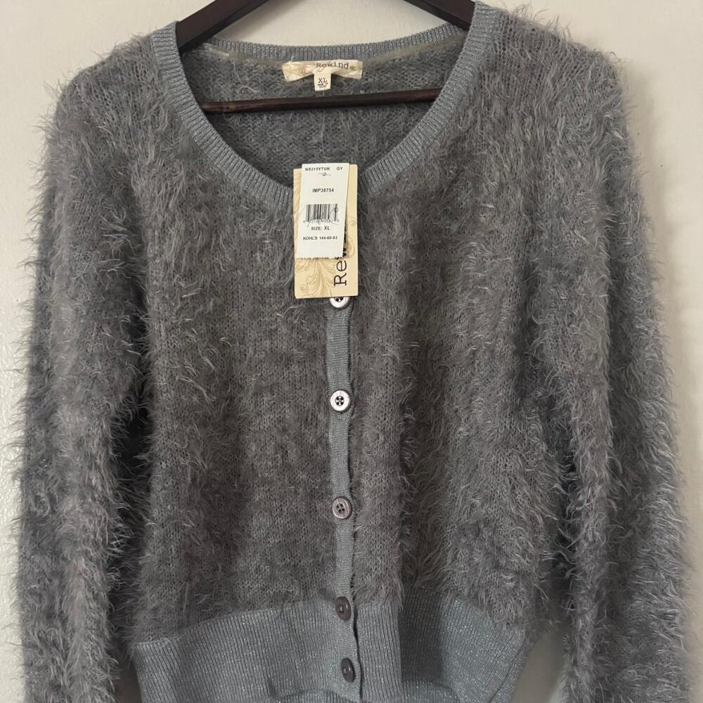 Rewind Gray Fuzzy Button-Up Teddy Cardigan